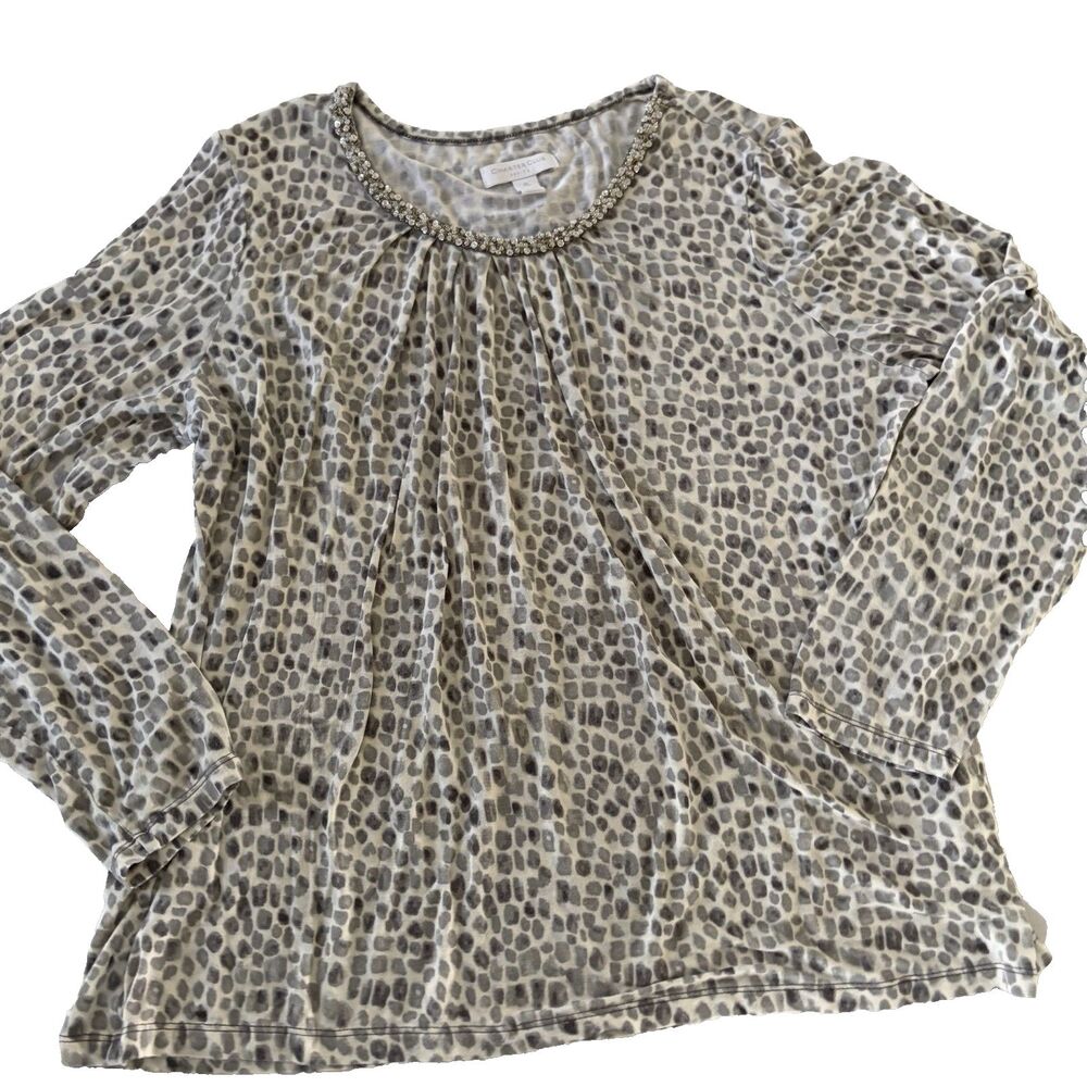 Charter Club Petite Womens Petite Large~Rhinestones ~ L/S ~ Gray Leopard Stretch